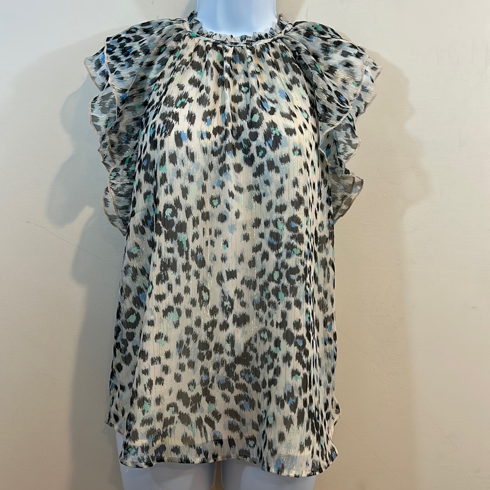 Women’s Ruffle Sleeve Leopard Print Shell Top - Cream/Black with Teal Accents